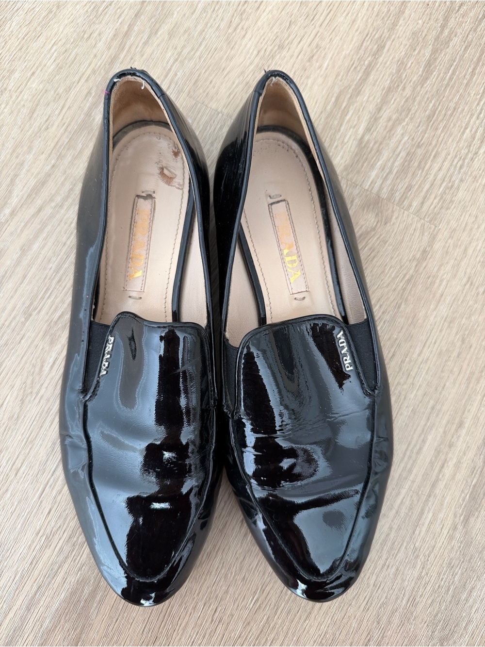 “As is”Prada Black Patent Loafers with Logo Plaque